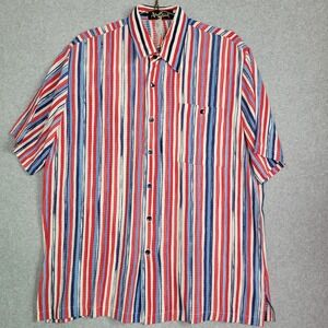 Alan Stuart Mens XL Red White Blue Striped Viscose Short Sleeve Shirt USA Made
